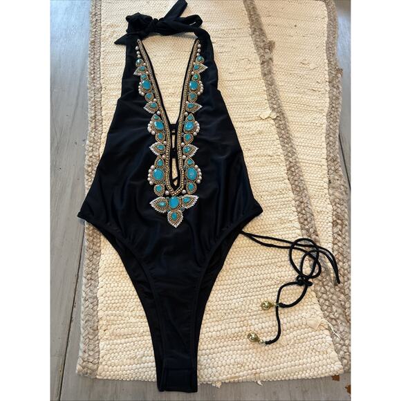 Asa Kaftans Black Turquoise Color Gems Gold Beaded Halter Swim Suit Size XL - Picture 1 of 10